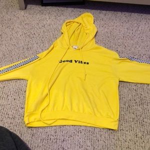 Yellow good vibes hoodie with checkered sleeves